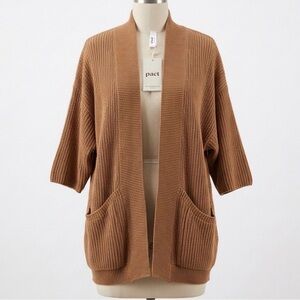 Pact Ribbed Open-Front Chunky Knit Cardigan in Camel Brown